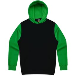 A black hoodie with green sleeves and a hood, featuring a front pocket and a logo.