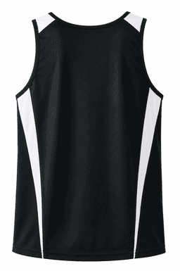 A black singlet featuring white side panels and a small logo. Suitable for men's casual wear or sports activities.