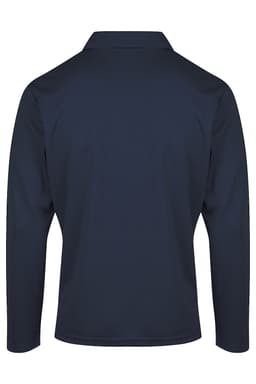 A navy blue men's polo shirt with long sleeves and a collar, featuring a branding logo.