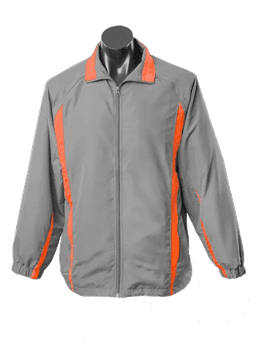 A grey track jacket with orange accents, featuring a zip front and a sporty design. It has a logo on the chest.