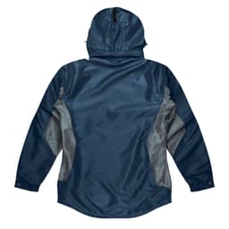 A navy and grey jacket featuring a hood and side panels, with a logo on the back.