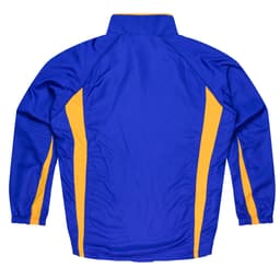 A blue tracktop with yellow side stripes, featuring a stand-up collar and elasticised cuffs.