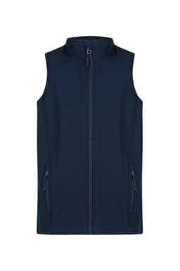 A navy vests featuring a zip front and two side pockets, designed for kids. It has a logo on the chest.