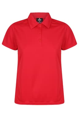 A red polo shirt featuring a collar and three buttons, with a logo on the chest area.