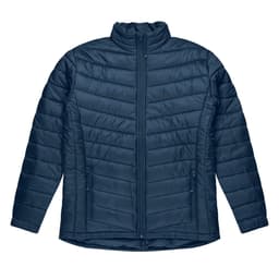 A navy blue puffer jacket featuring a high neck, zip front, and side pockets, with branding on the chest.