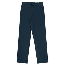 Flat front men's pants in a dark navy colour, featuring pockets and a waistband with a logo.