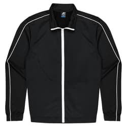 A black jacket with white piping details and a front zip, featuring a label with branding.