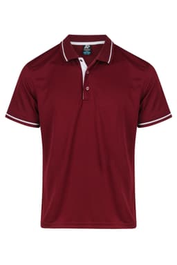 A maroon polo shirt featuring a white collar and sleeve trims, with a logo on the chest.