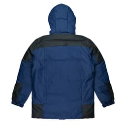 A navy blue jacket with a hood, featuring black accents on the shoulders and sides, showcasing a simple design.