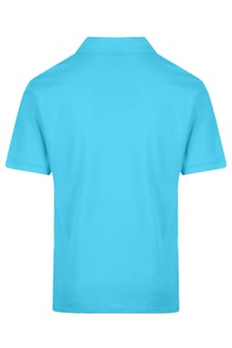A bright turquoise polo shirt featuring a simple design and a collar, with a branding logo on the front.