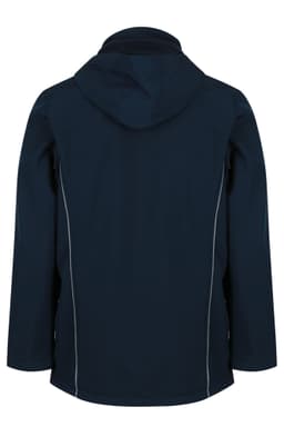 A dark navy soft shell jacket with a hood, featuring a sleek design and contrasting stitching.