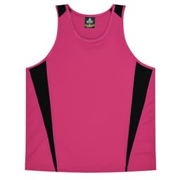 A magenta singlet with black side panels and a logo on the label. Suitable for kids.