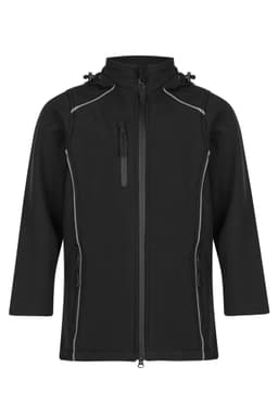 A black jacket with a zippered front, two side pockets, and reflective detailing. It features a hood and branding.