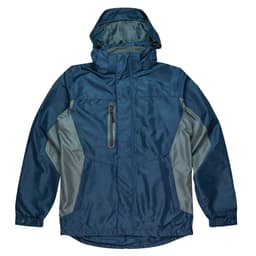 A navy blue and grey men's jacket with a hood, featuring a zippered front pocket and a logo.