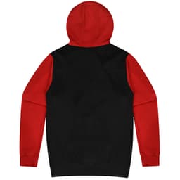 A black and red hoodie featuring long sleeves and a hood, with a solid rear design and a branding logo.