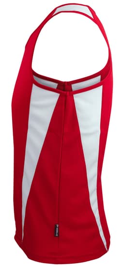 A red singlet with white panels and a logo, featuring a sporty design.