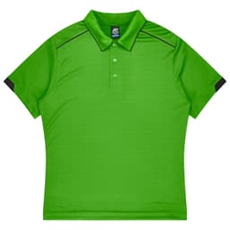 A bright green polo shirt with black accents and a collar, featuring a logo on the chest area.