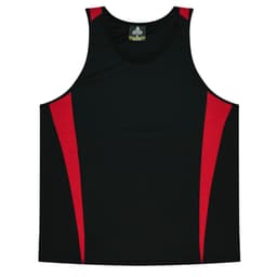 A black singlet with red side panels and a logo at the neckline. Suitable for active wear.