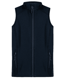 A navy blue children's vest featuring a high collar and zippered front pockets, with a logo on the chest.