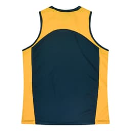 A sleeveless singlet in yellow and dark green, featuring a logo on the back.