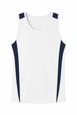 A white singlet with navy blue side panels. The design includes a simple, sporty look and has a logo.