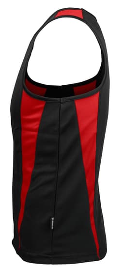 A black singlet with red stripes, featuring a logo on the side.