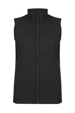 A black sleeveless vest with a front zip and side pockets, featuring a logo on the upper left.