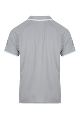 A grey polo shirt featuring a contrast collar and a logo on the back. Suitable for casual wear.