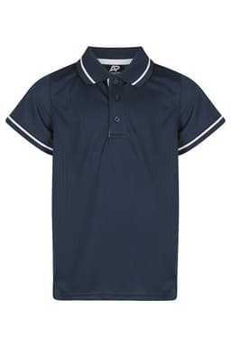 A navy blue polo shirt with contrasting white stripes on the collar and sleeves, featuring a button placket and a logo.
