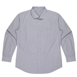 A long-sleeve button-up shirt in light purple and white stripes with a single chest pocket and a logo.