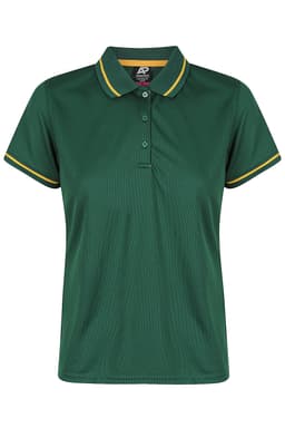 A green polo shirt featuring contrasting yellow trim on the collar and sleeves, with a logo at the neckline.