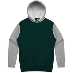 A green and grey hoodie with a kangaroo pocket and a hood. The design features contrasting sleeves and a logo.