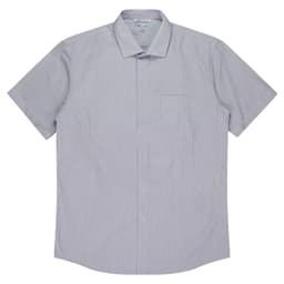 A short-sleeve button-up shirt featuring a striped pattern in light blue and white, with a chest pocket and logo.