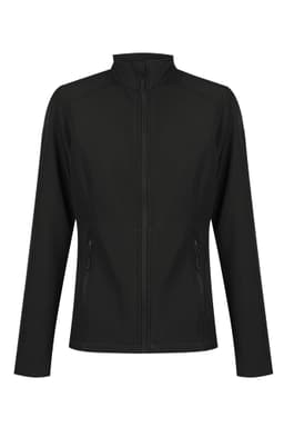 A soft shell jacket in black, featuring a zip front and side pockets. Includes a logo on the jacket.