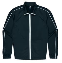 A black kids' jacket with white piping, featuring a full zip and a collar. It has a logo on the inside.