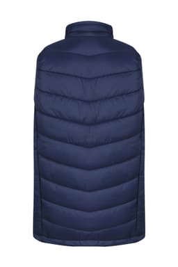 A navy blue puffy vest with a quilted design, featuring a high collar and no visible front opening.