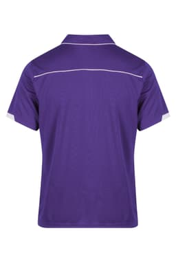 A purple polo shirt with a collar and white detailing on the shoulders. It features a logo on the chest area.
