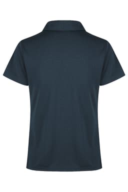 A dark green polo shirt with a classic collar and a back view, featuring a logo on the fabric.