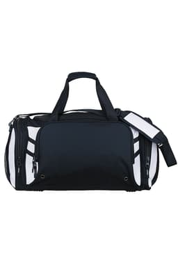 A black and white duffle bag with a shoulder strap, side mesh pockets, and front zip closure, featuring a logo.