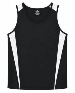 A black singlet with white panels on the sides, featuring a logo on the back. Suitable for active wear.
