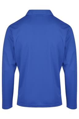 A blue long-sleeve polo shirt with a collar, featuring a branding logo on the back.