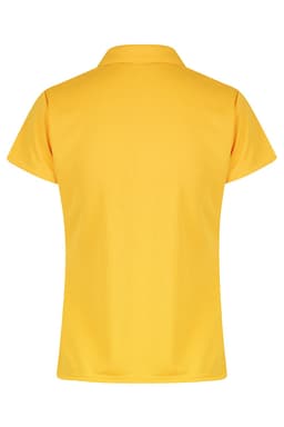 A yellow polo shirt with a collared neck and short sleeves, featuring a logo on the front.