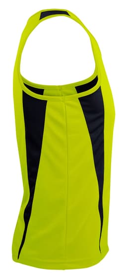 A yellow and black men's singlet with a sporty design and a logo on the fabric.