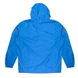 A blue jacket featuring a hood and elastic cuffs, showcased from the back with a branding logo.