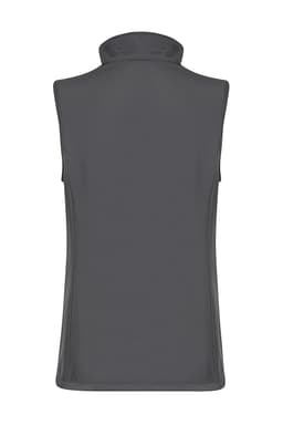 A grey sleeveless vest with a high collar, featuring a logo on the back.