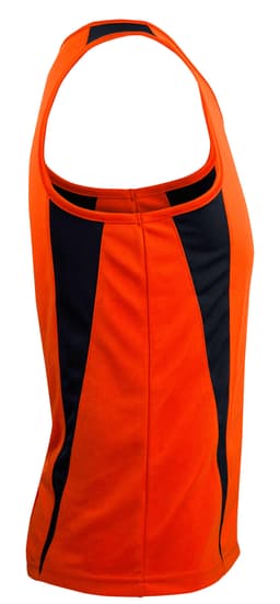 An orange singlet featuring black side panels and a logo. Ideal for warm weather activities.