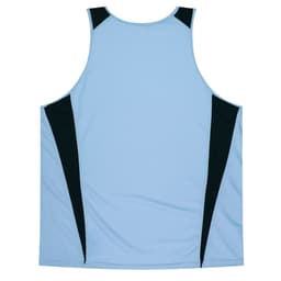 A light blue singlet with black side panels and a logo on the front.