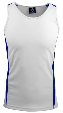 A white singlet with blue side accents and a logo on the neckline.