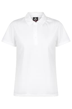 A white polo shirt with a collar and buttons, featuring a logo on the chest.