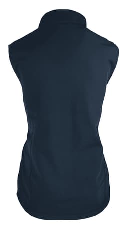 A navy work vest with a collar, featuring a fitted design and an unobtrusive logo.